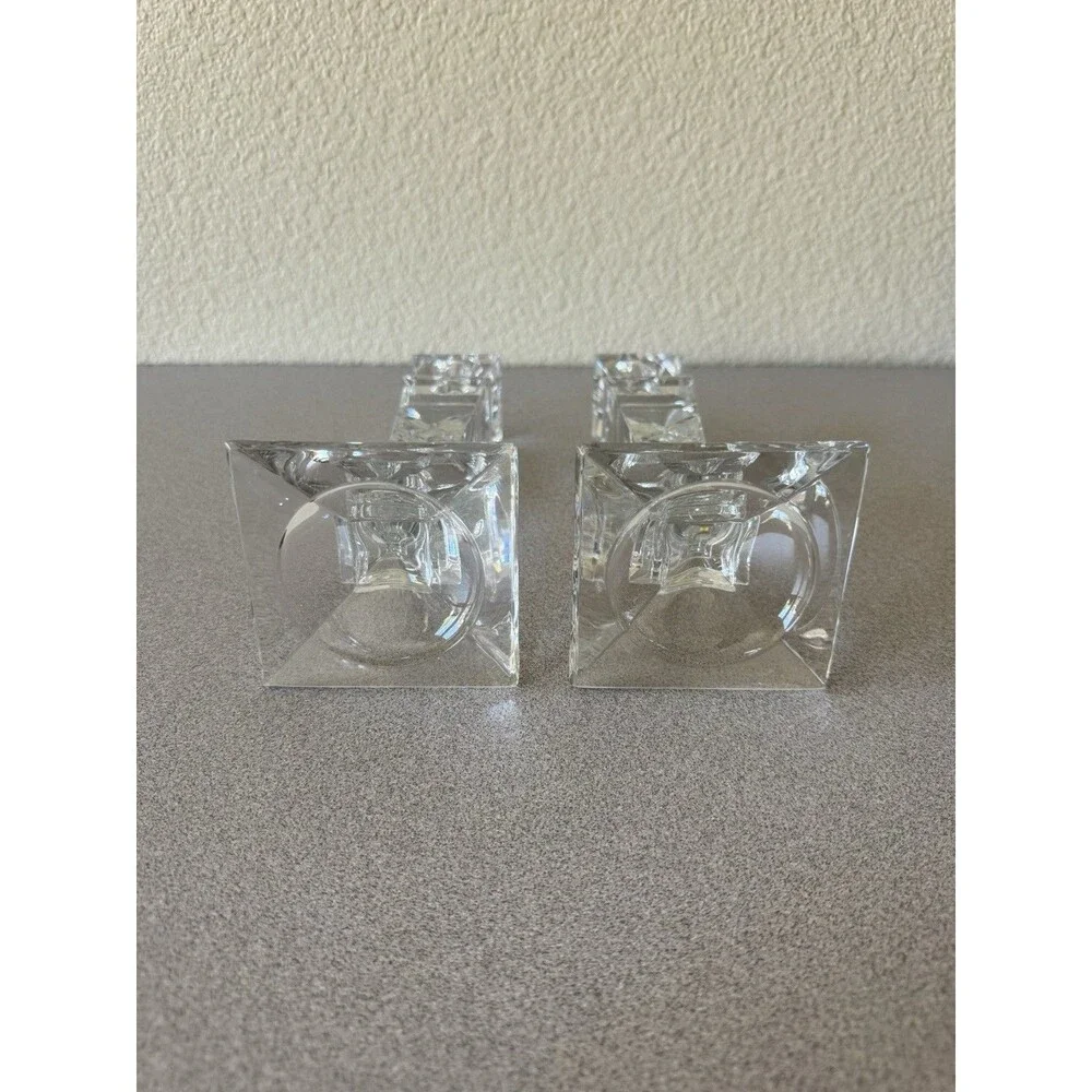 Pair Clear Cut Crystal Glass Candlestick Holders 10” Tall Geometric Square Base